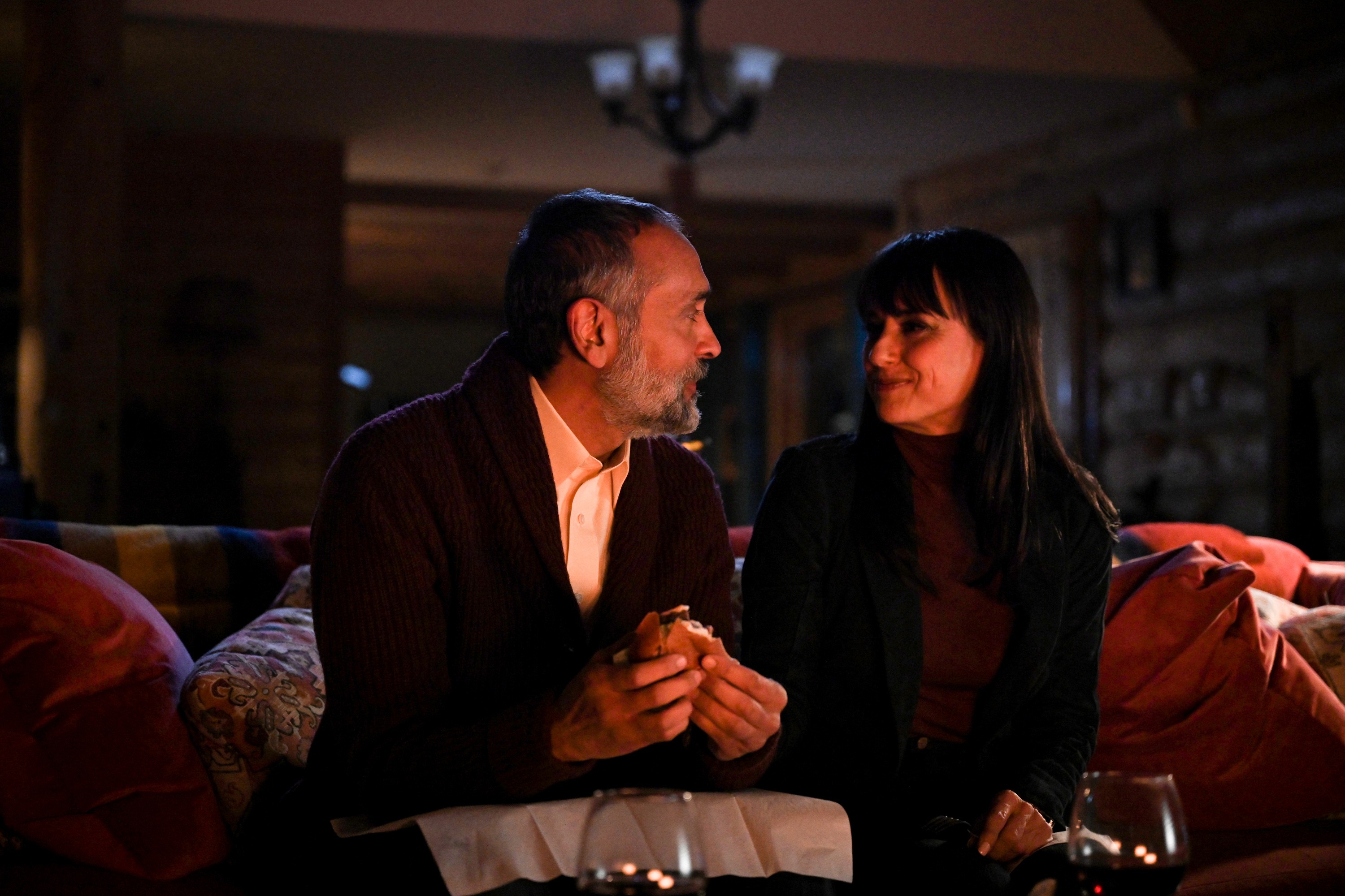 'Big Sky' Bernard White and Constance Zimmer smile at each other as Veer and Alicia