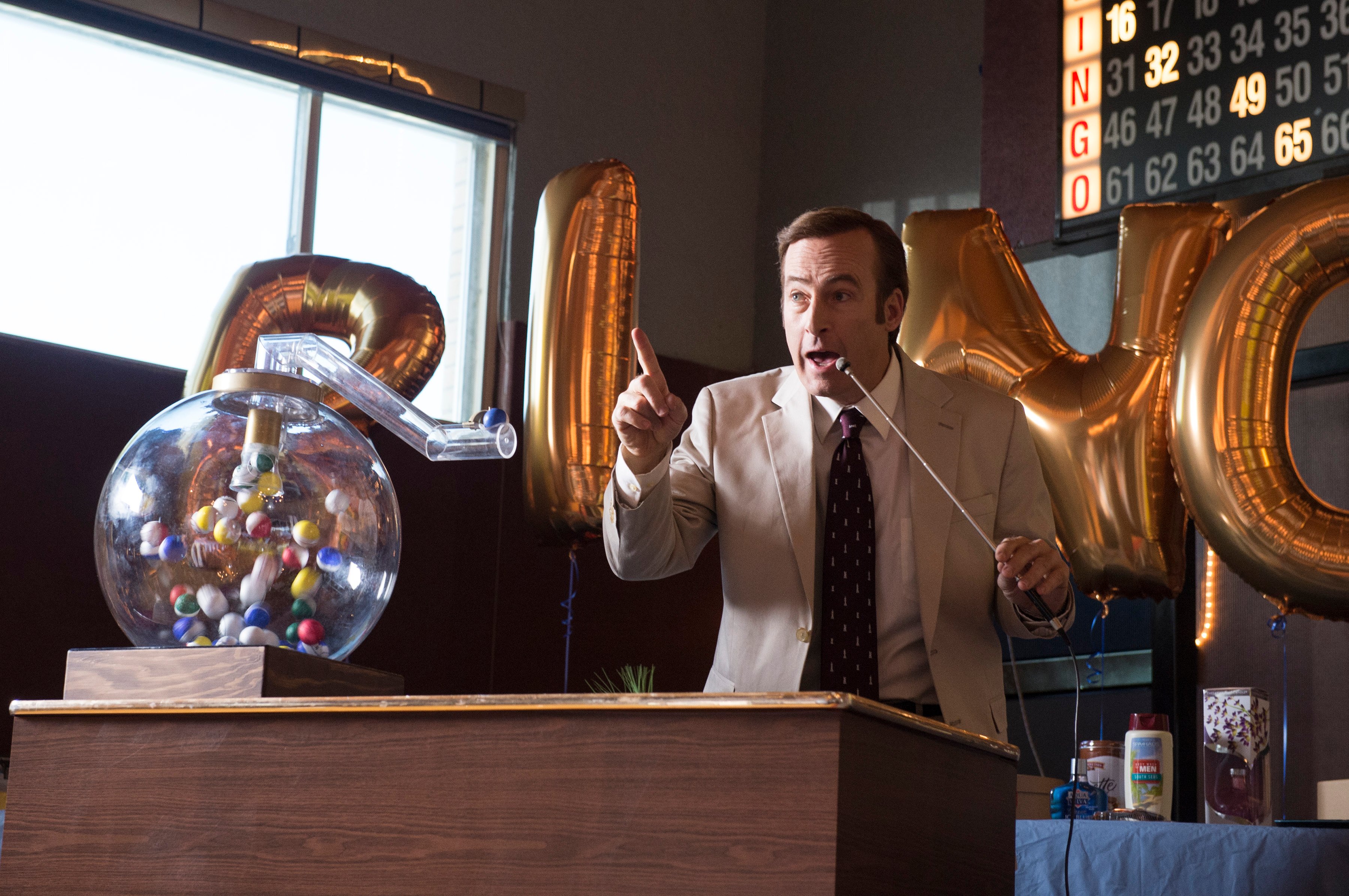 Bob Odenkirk as Jimmy McGill running a game of bingo at the Sandpiper nursing home in 'Better Call Saul'