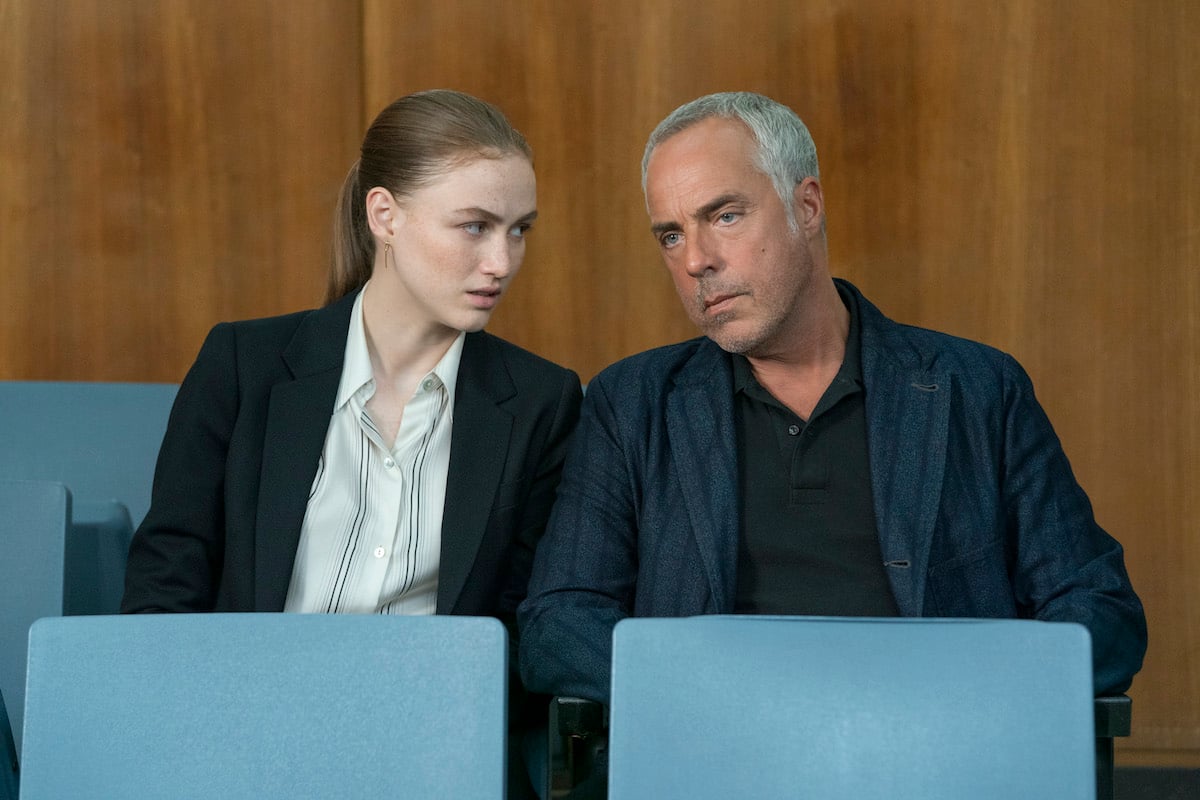Maddie Bosch and Harry Bosch sitting in the back of a courtroom in 'Bosch' spinoff series 'Bosch: Legacy'