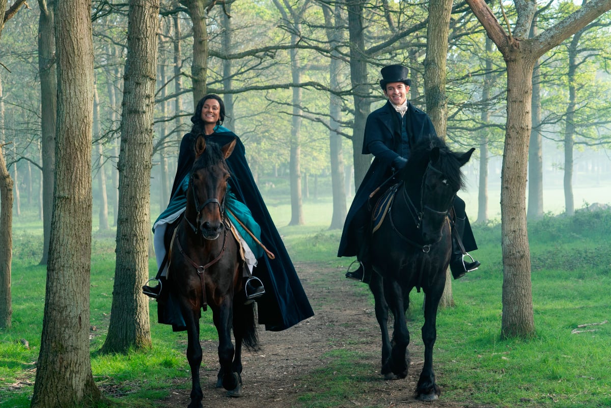 Anthony and Kate ride horses side by side in Bridgerton Season 2.