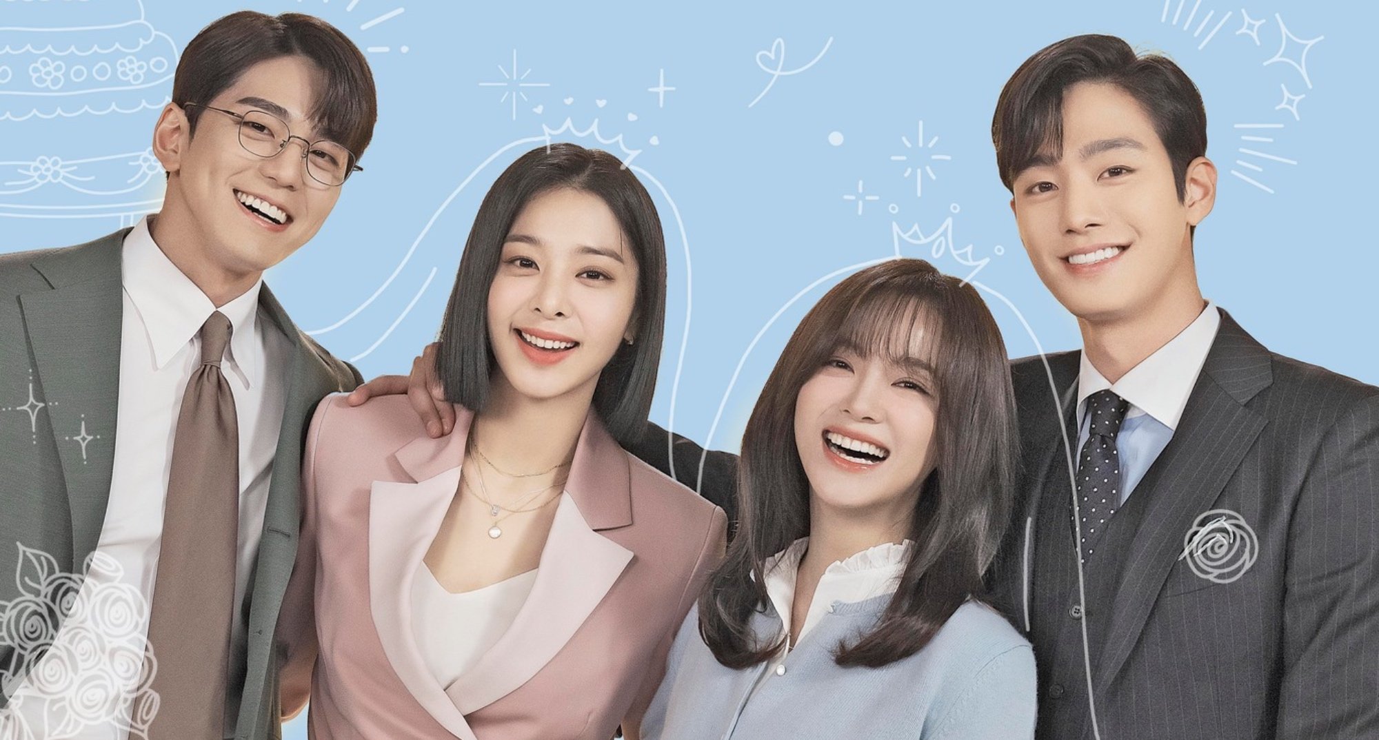 'Business Proposal' main cast smiling wearing business attire.