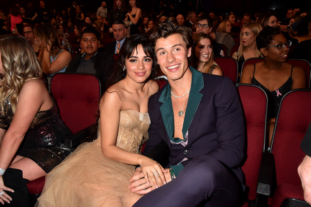 Camila Cabello and Shawn Mendes sit together and hold hands at an event.