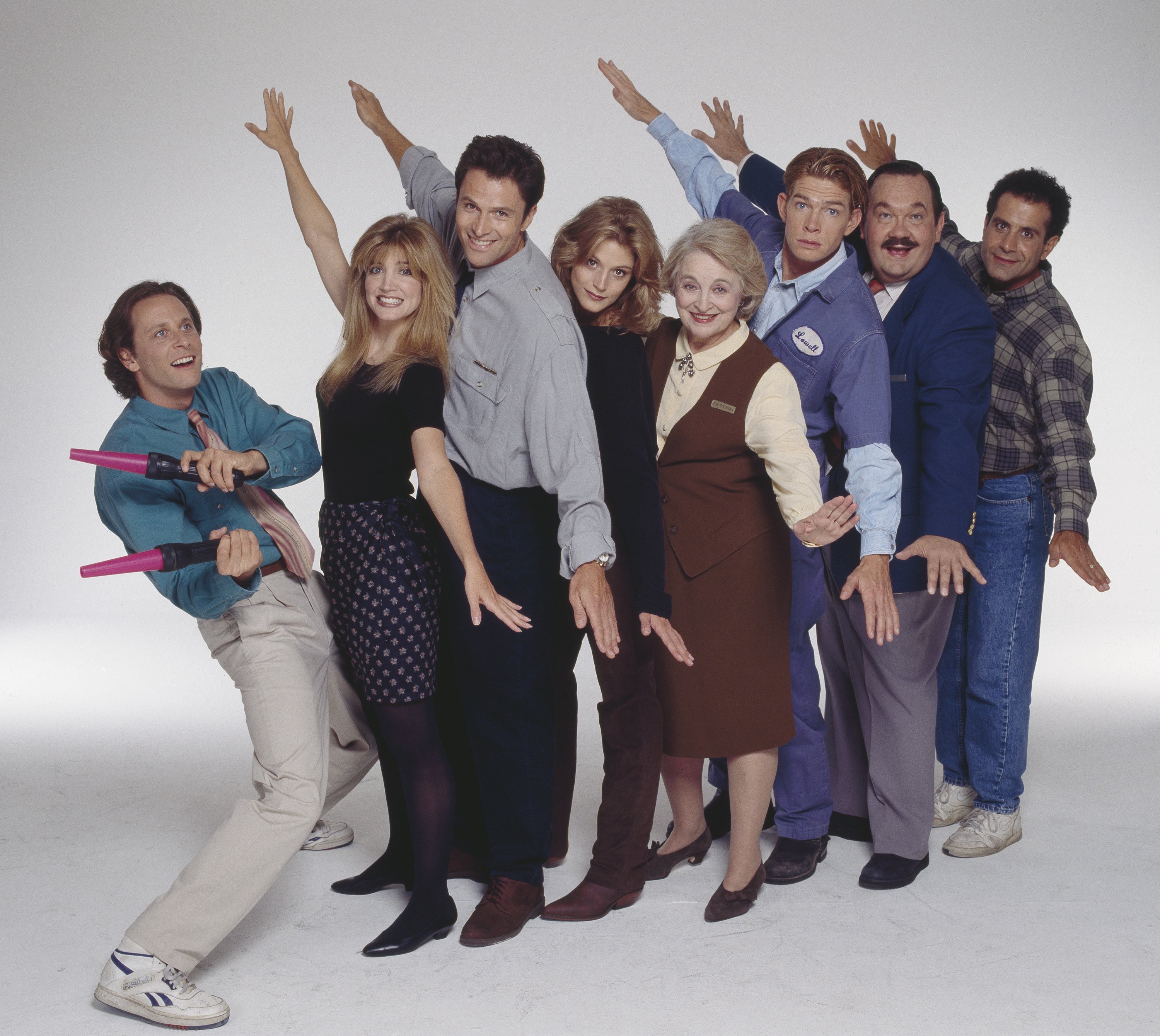 Cast of 'Wings': (l-r) Steven Weber, Crystal Bernard, Tim Daly, Farrah Forke, Rebecca Schull, Thomas Haden Church, David Schramm, and Tony Shalhoub