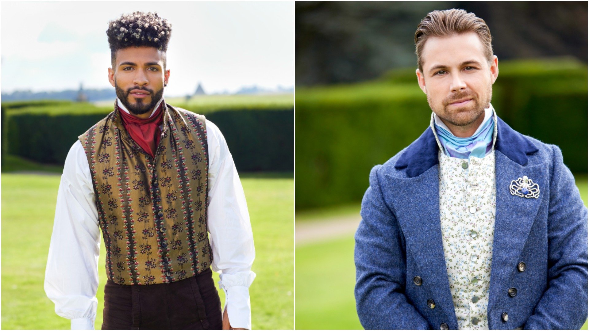 Side by side portraits of Chandler Luxe and Derek Kesseler, both in Regency dress, from 'The Courtship'