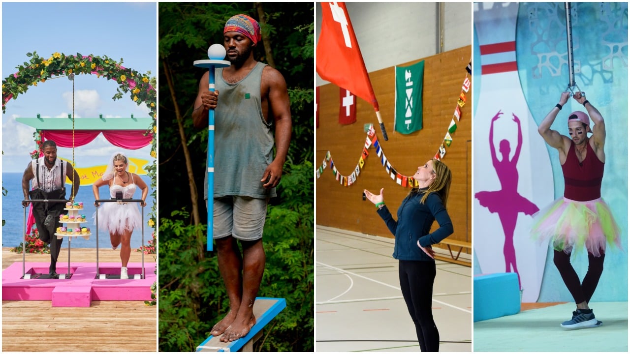 Charlie Lynch and Alana Paolucci playing a game on 'Love Island,' Deshawn Radden holding a pole with a ball balancing on top during challenge on 'Survivor', Kim Holderness throwing a flag in the air on 'The Amazing Race,' and James Maslow doing Bowlerina competition during 'Celebrity Big Brother'