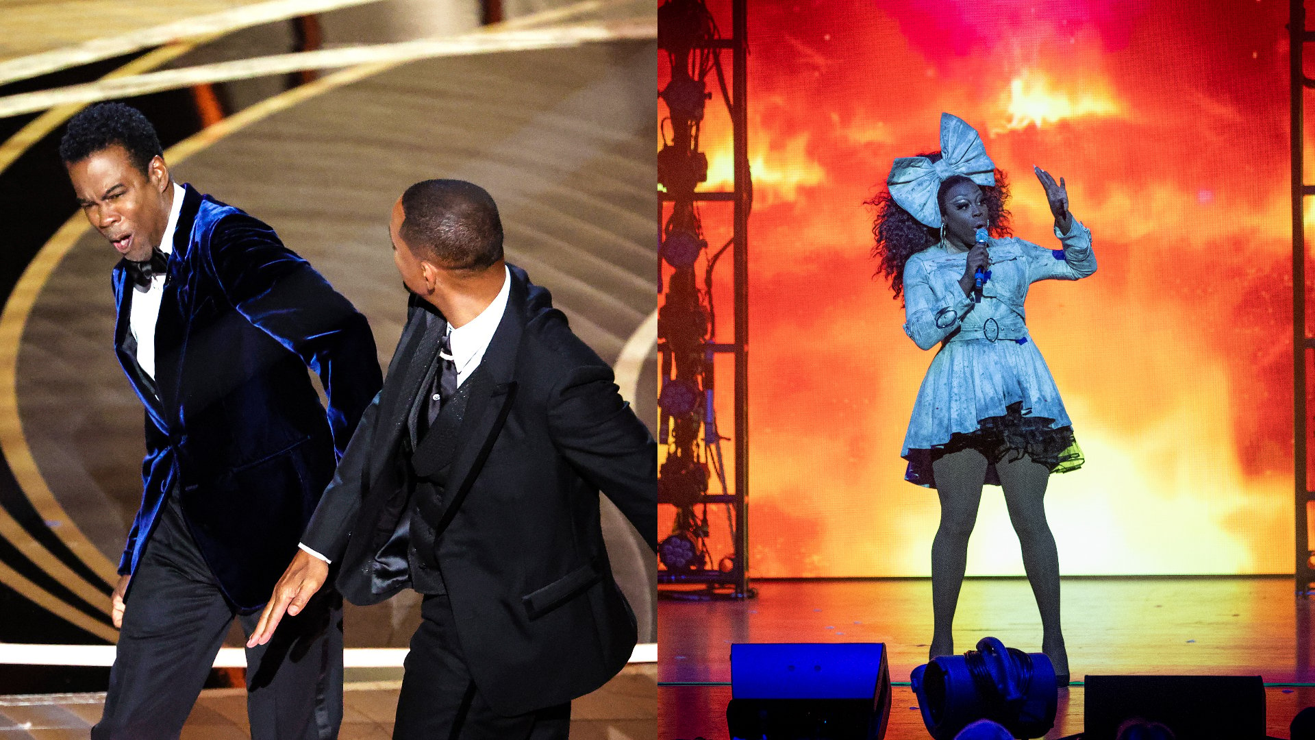 Left: Will Smith Smacks Chris Rock at the Academy Awards | Myung Chun / Los Angeles Times via Getty Image Right: Bob the Drag Queen of 'RuPaul's Drag Race' | Emma McIntyre/Getty Images