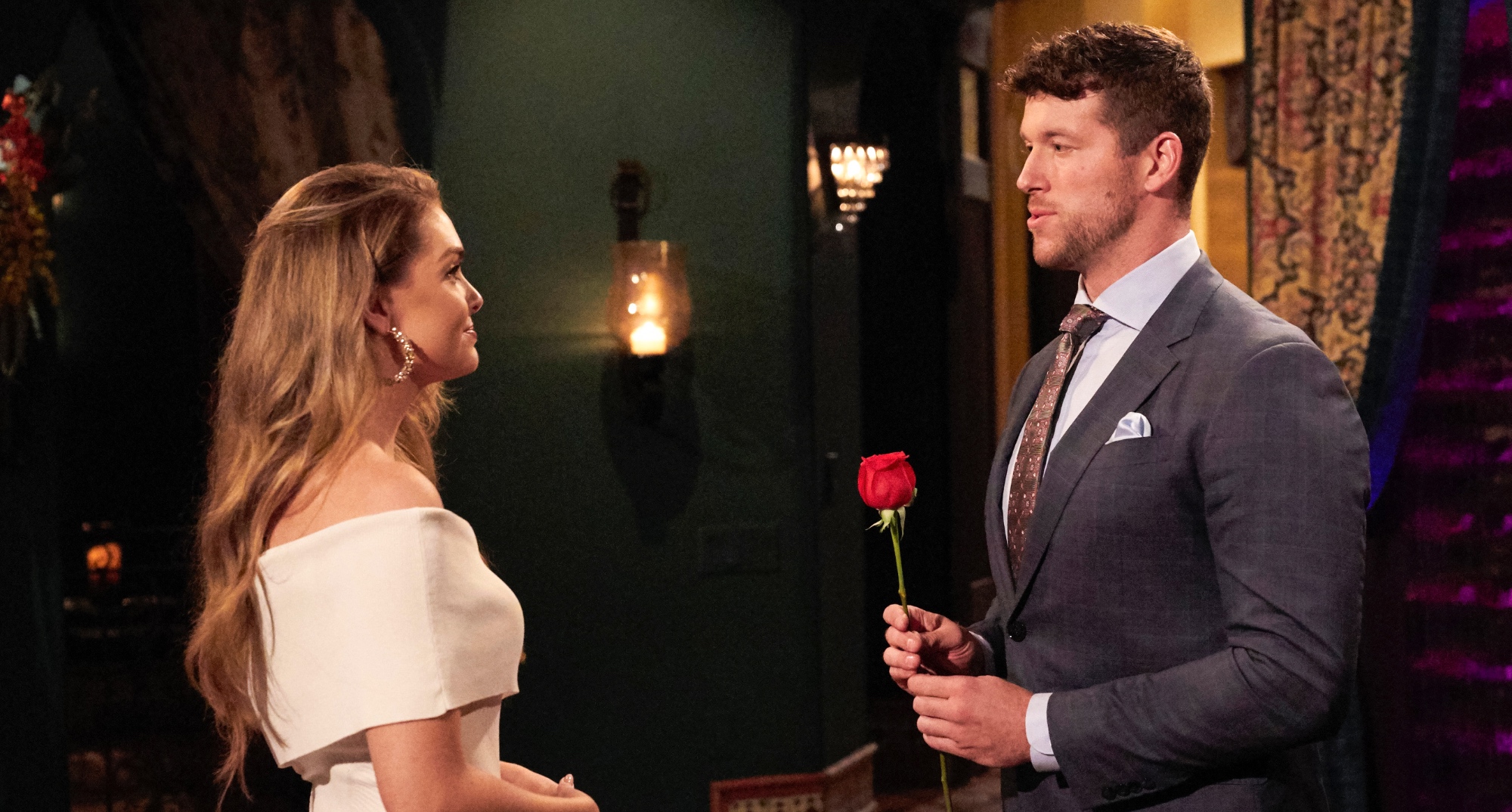 Clayton Echard and Susie Evans on 'The Bachelor' during rose ceremony.