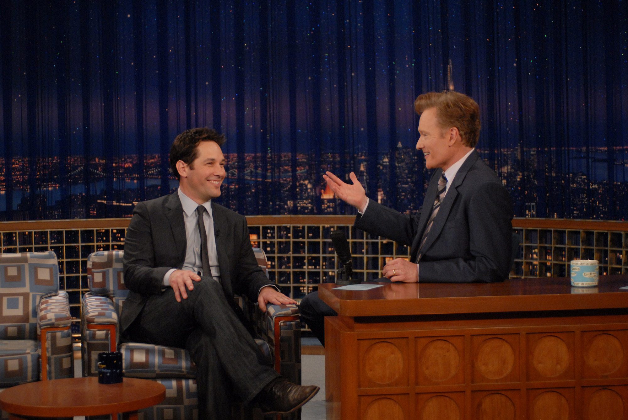 Conan O'Brien interviews Paul Rudd on the set of 'Late Night'