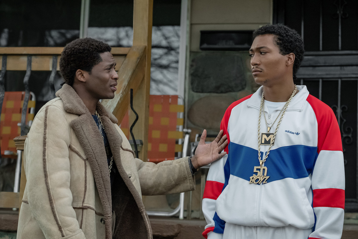 Da'Vinchi as Terry Flenory and Demetrius Flenory Jr as Demetrius Flenory Sr. having an intense conversation on the street in a scene from 'BMF,' which recently added Leslie Jones to the cast.