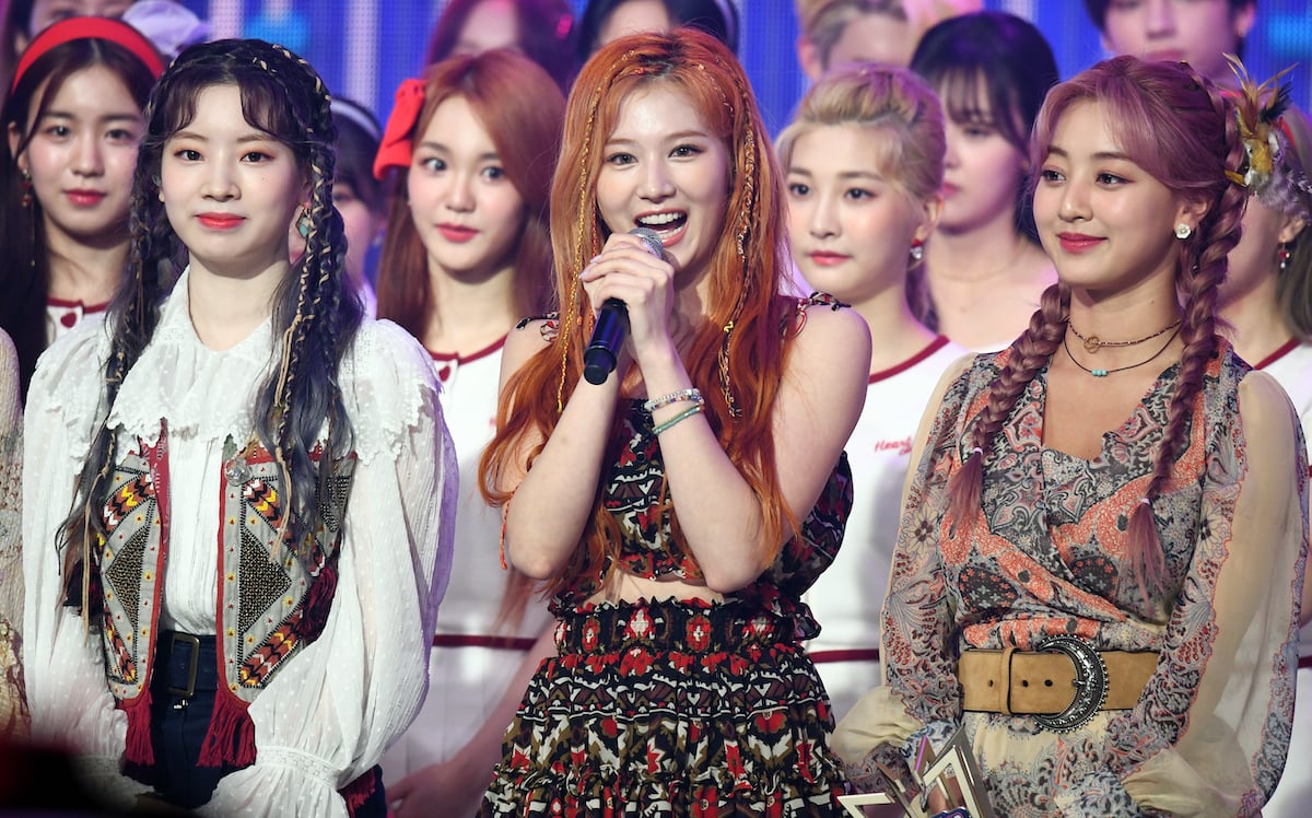 Dahyun, Sana, and Jihyo of TWICE speak during MBC Music Channel's 'Show Champion' Live Broadcast