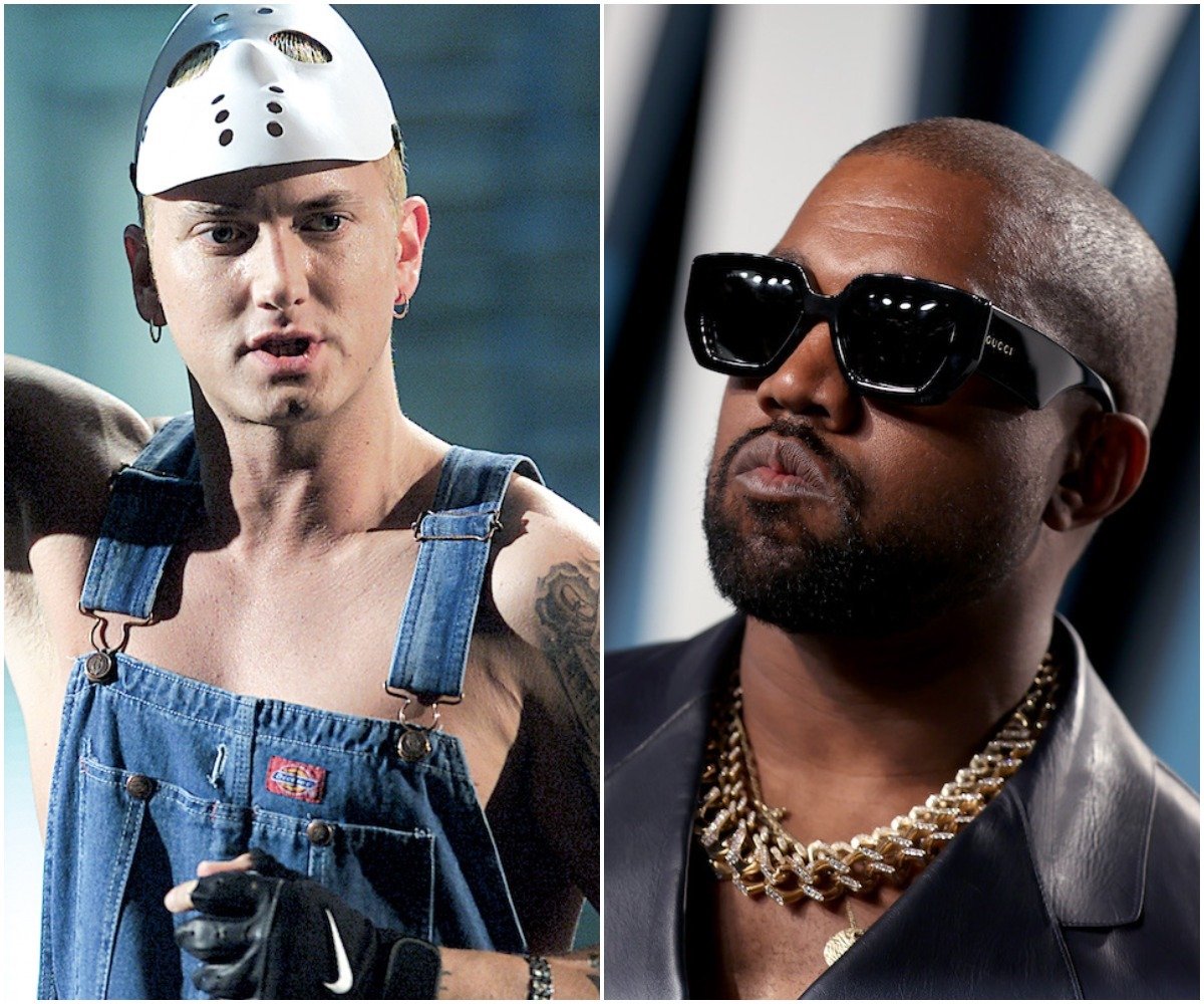 Side by side photos of Eminem performing in overalls and a hockey mask and Kanye West wearing dark sunglasses.