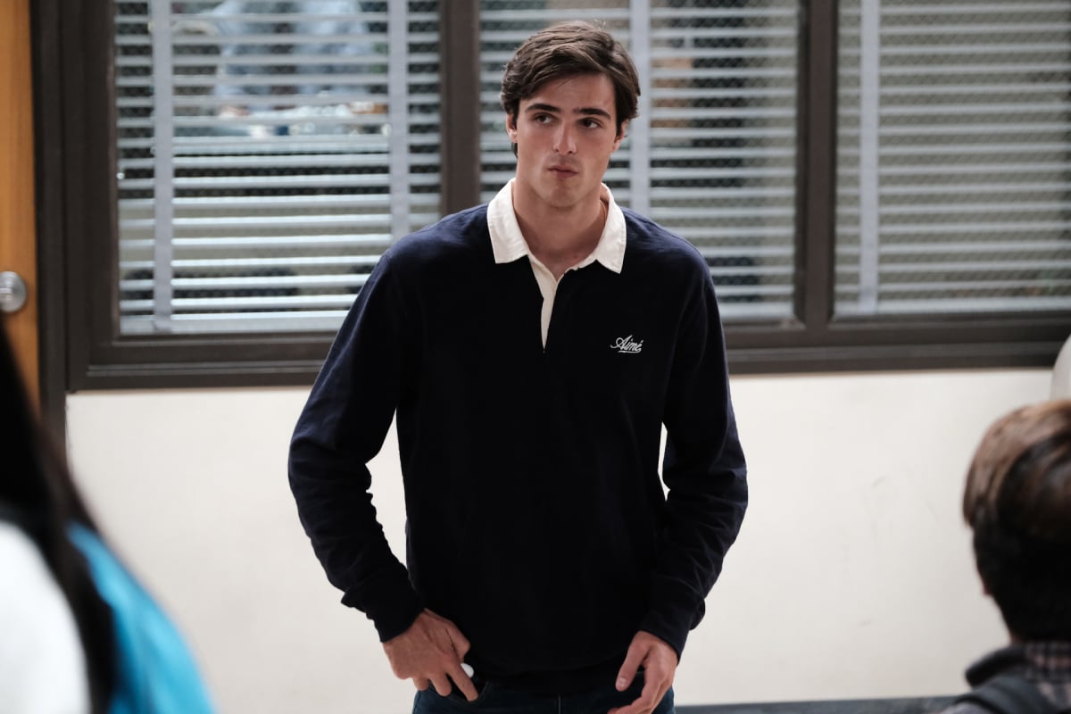 Jacob Elordi as Nate in Euphoria Season 2. Nate wears a long-sleeved collared shirt.