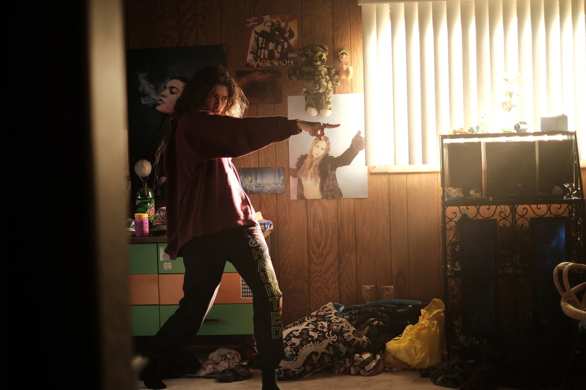 Euphoria star Zendaya wearing Rue’s signature red hoodie dancing in her room