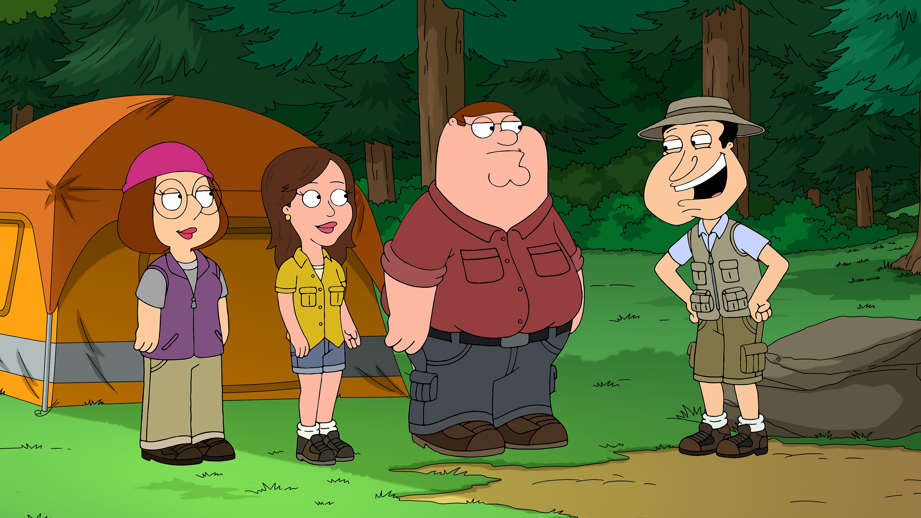 'Family Guy' characters Meg Griffin, Courtney, Peter Griffin, and Glenn Quagmire in a camping scene.