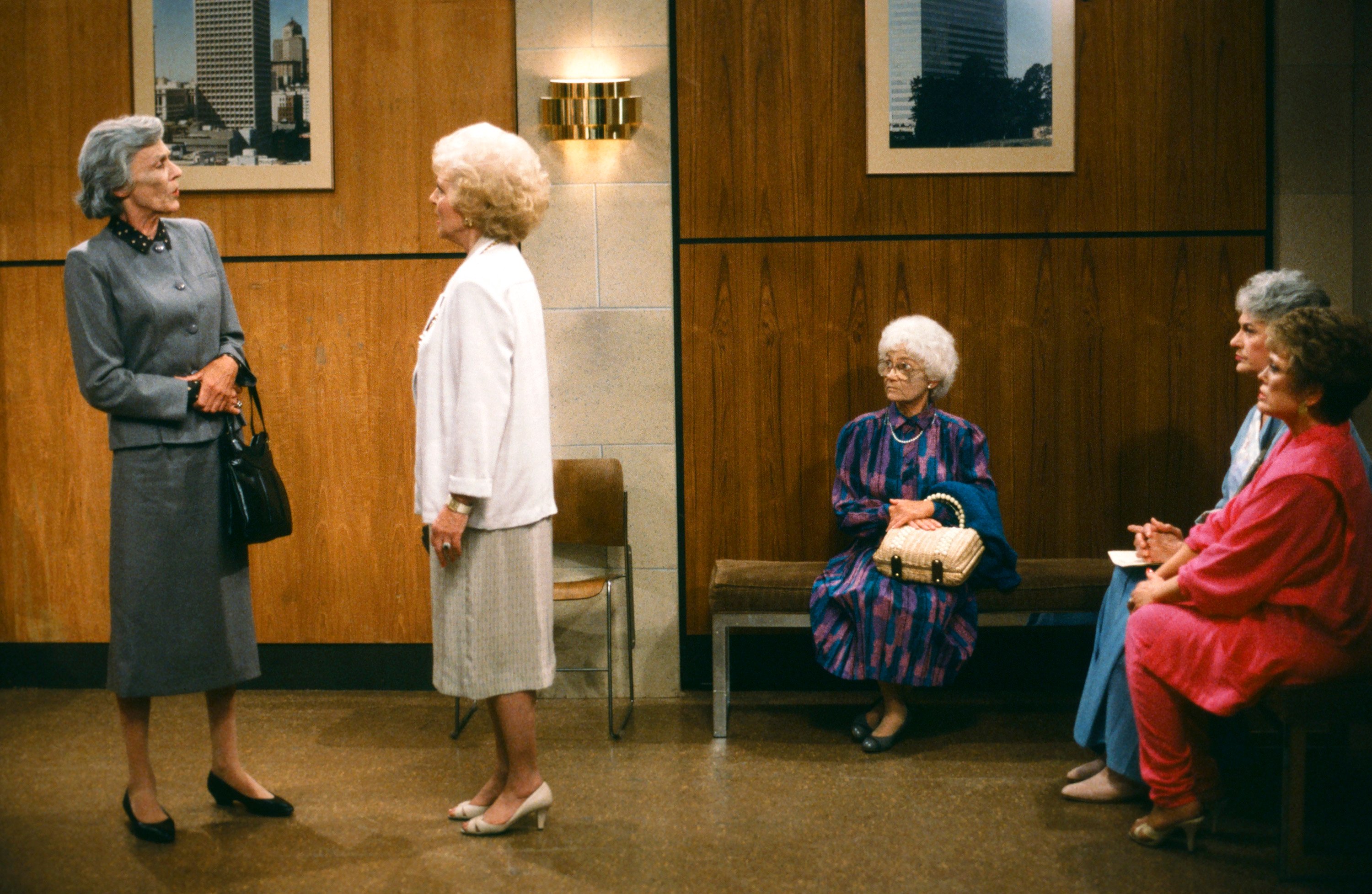 Nan Martin as Frida Claxton, Betty White as Rose Nylund, Estelle Getty as Sophia Petrillo, Bea Arthur as Dorothy Zbornak, Rue McClanahan as Blanche Devereaux in season 2 of 'The Golden Girls'