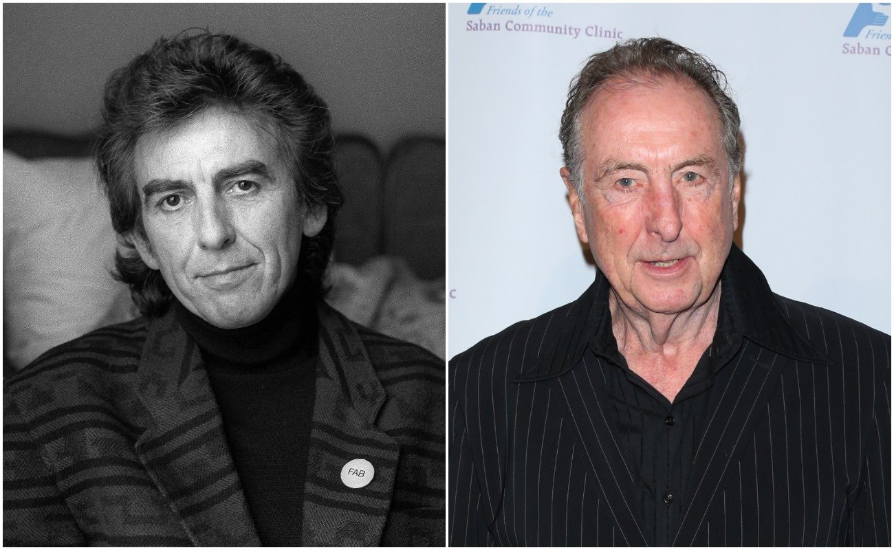 George Harrison posing in a suit in 1988 and Eric Idle attending the Saban Community Clinic's 39th annual dinner gala in 2015.