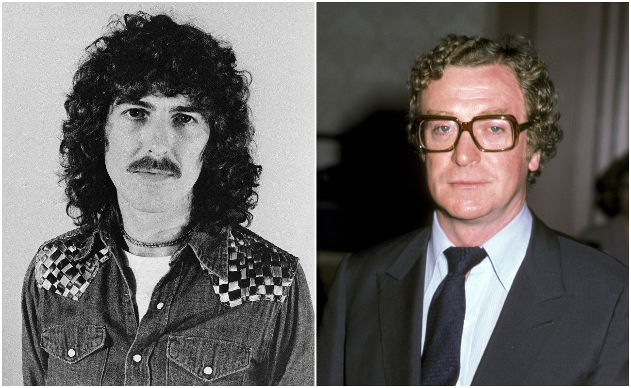George Harrison wearing denim in 1977, and Michael Caine at the Publicists Guild of America Awards in 1984.