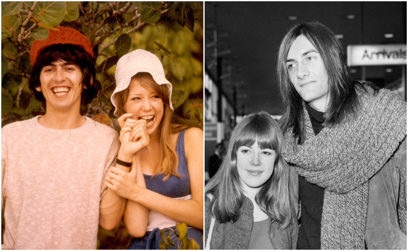 George Harrison and his wife, Pattie Boyd, posing in 1966. Mick Fleetwood with his wife, Jenny Boyd at Heathrow Airport, London, 1970.