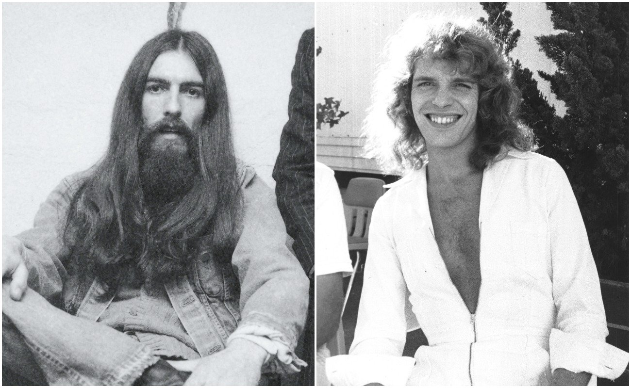 George Harrison with long hair in 1971, and Peter Frampton in a white shirt in the 1970s.