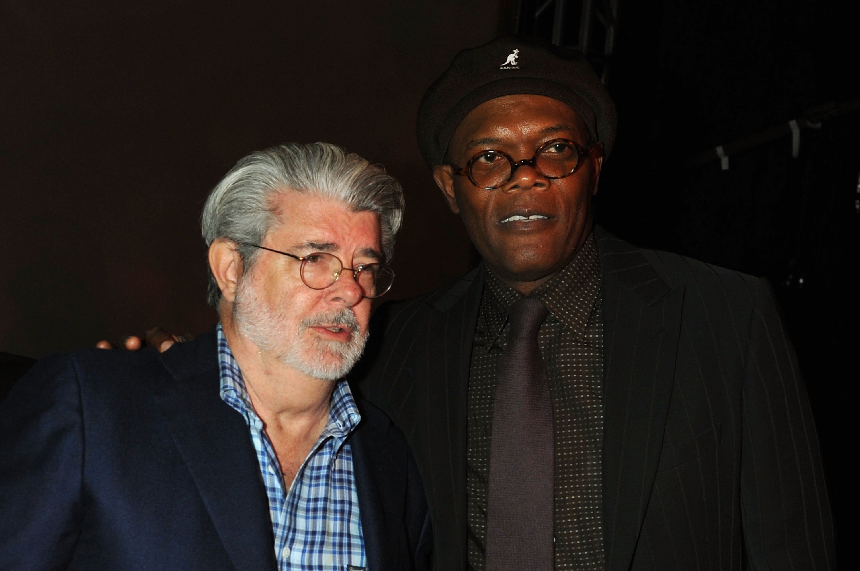 George Lucas and Samuel L. Jackson, who debated over Mace Windu’s lightsaber in ‘Star Wars,’ stand next to each other at Spike TV's Scream awards in 2008.