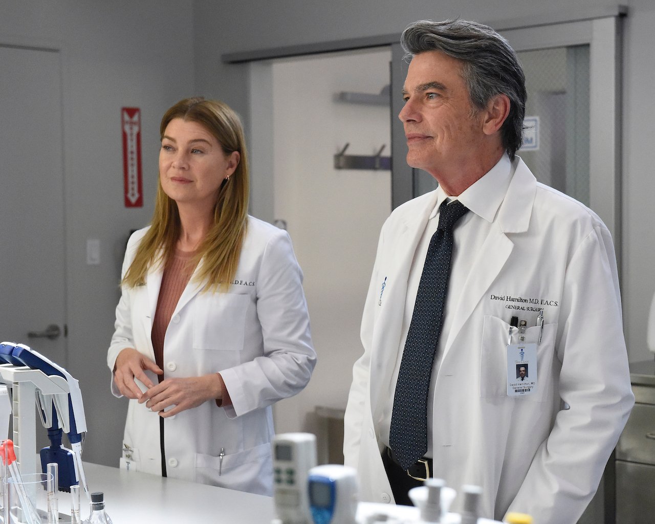 Ellen Pompeo in Meredith Grey and Peter Gallagher as David Hamilton stand next to each other in a lab in lab coats on 'Grey's Anatomy'.