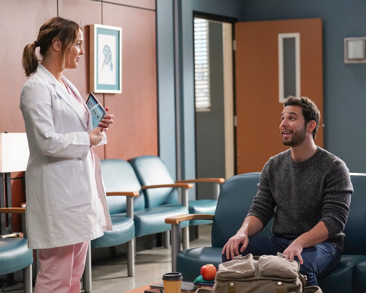 Skylar Astin as Todd Eames talks to Camilla Luddington as Jo Wilson in 'Grey's Anatomy'.