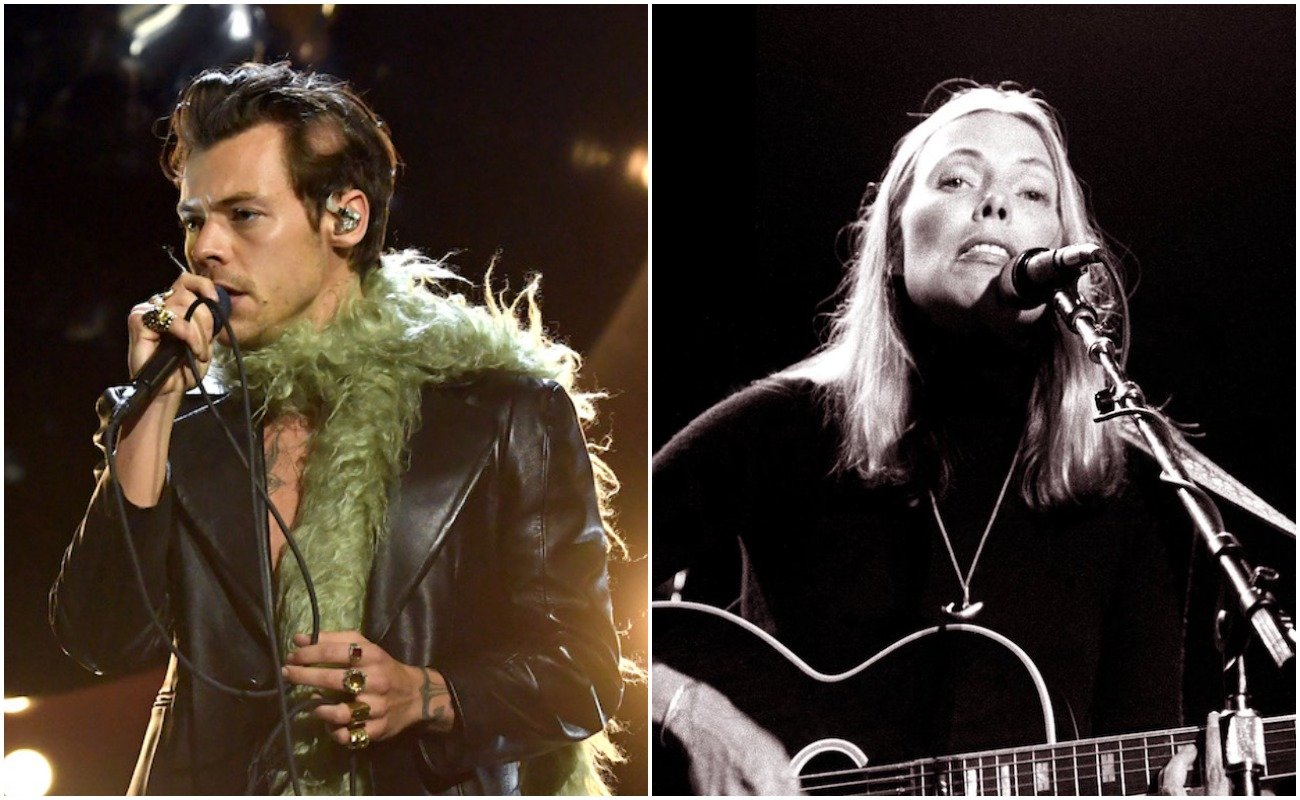 Harry Styles performing the 2021 Grammy Awards and Joni Mitchell performing at "California Celebrates the Whales" in 1976.