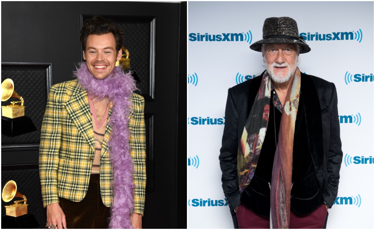 Harry Styles wearing yellow at the 2021 Grammy Awards and Mick Fleetwood wearing a suit at SiriusXM Studios in 2018.