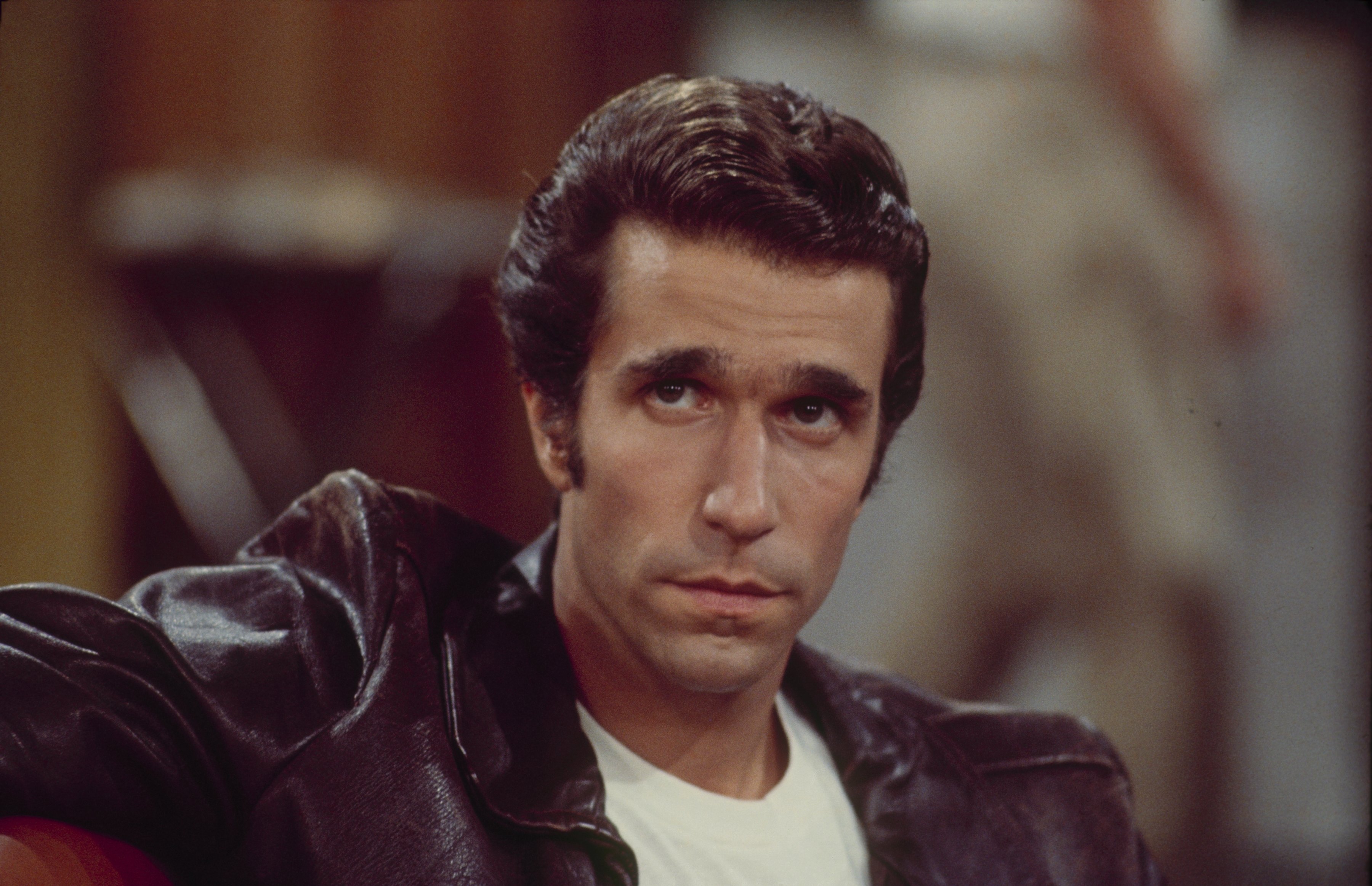 Actor Henry Winkler wears a leather jacket in this 1976 photo as 'Happy Days' character Fonzie.