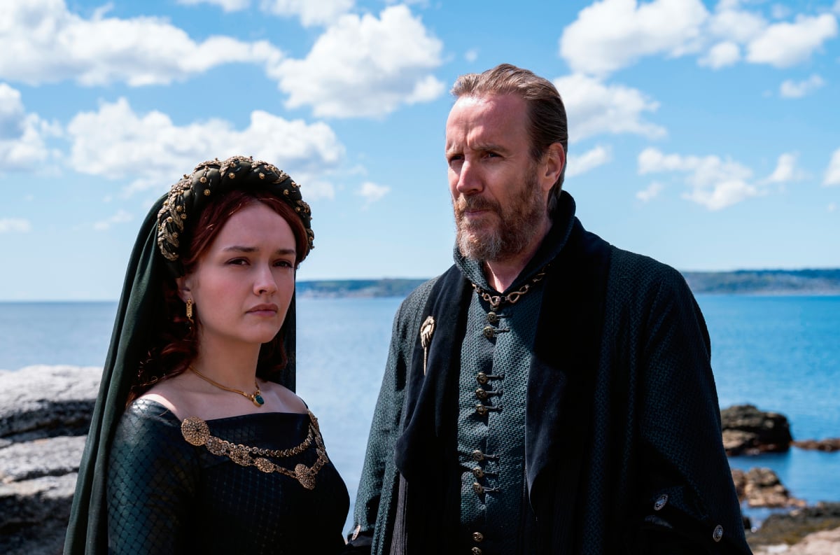 House of the Dragon stars Olivia Cooke as "Alicent Hightower" and Rhys Ifans as "Otto Hightower" in an image from the Game of Thrones prequel
