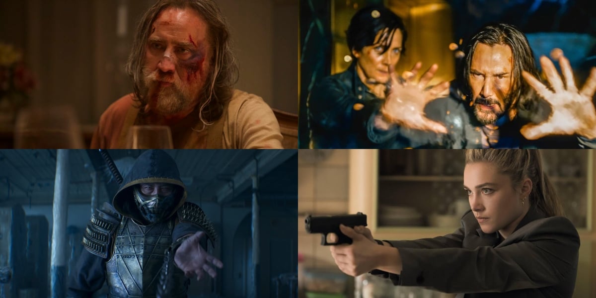 (clockwise) Nicolas Cage in 'Pig,' Carrie-Anne Moss and Keanu Reeves in 'The Matrix Resurrections,' Florence Pugh in 'Black Widow,' and Hiroyuki Sanada in 'Mortal Kombat'