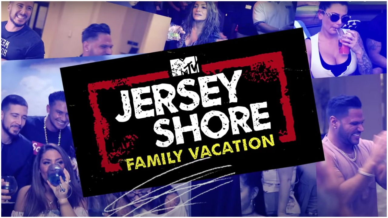 Promotional image for 'Jersey Shore: Family Vacation' Season 5 featuring the logo and images of the cast from the season