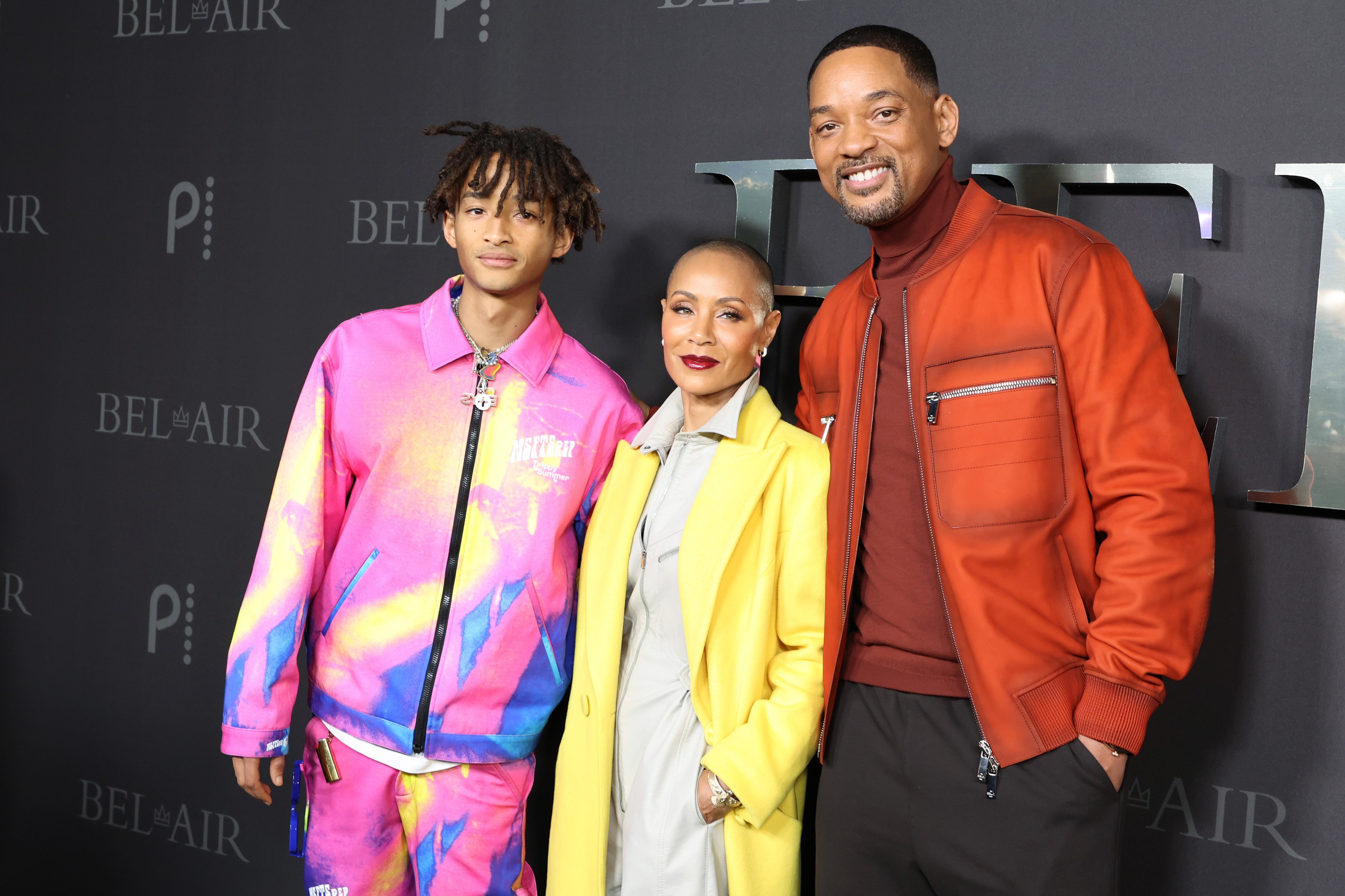 Jaden Smith, who owns a Hidden Hills home, poses on the carpet at the BEL-AIR premiere party with parents Will Smith and Jada Pinkett Smith