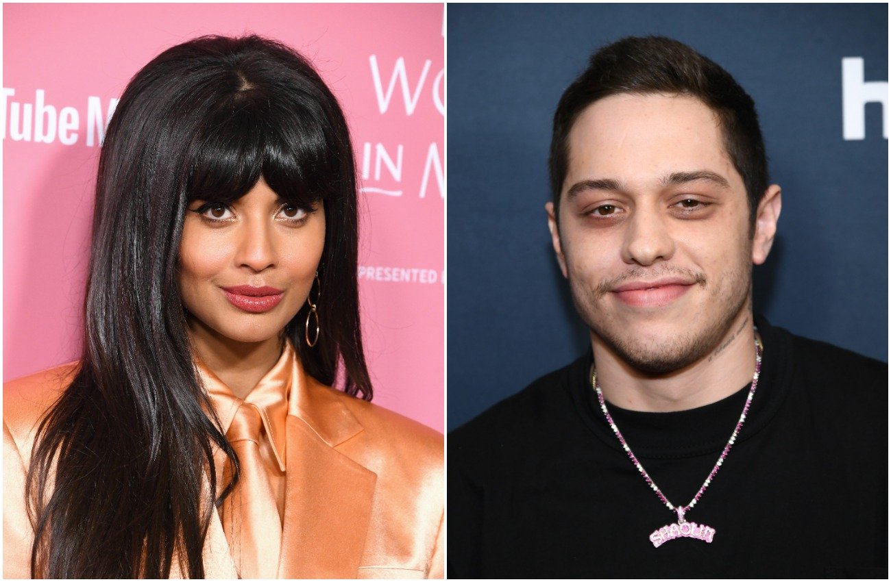 Jameela Jamil wearing a light orange outfit in front of a pink background, Pete Davidson wearing a black shirt in front of a dark blue background