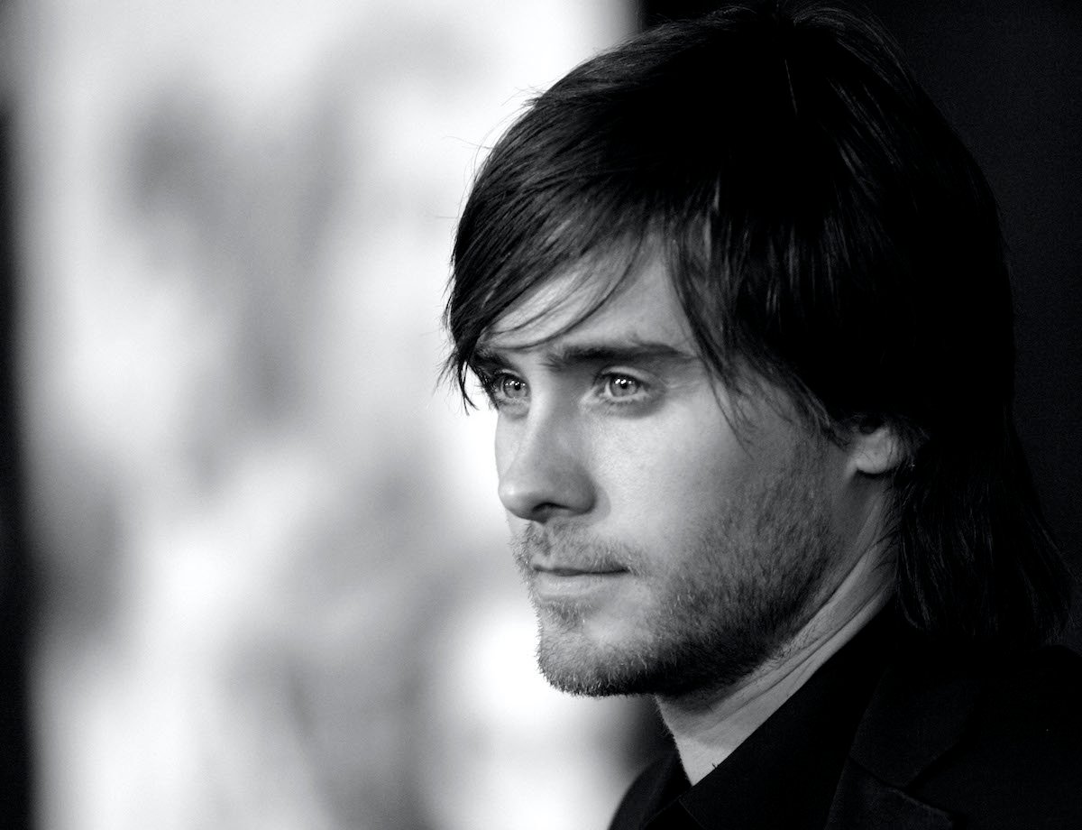 A black-and-white close-up of Jared Leto’s face