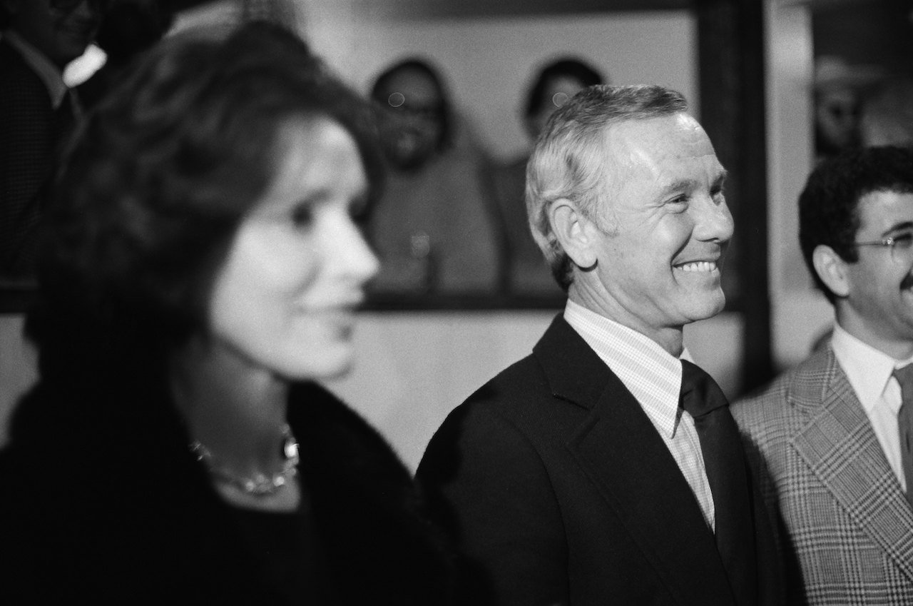 Joanna and Johnny Carson, in a black and white tuxedo c. 1977