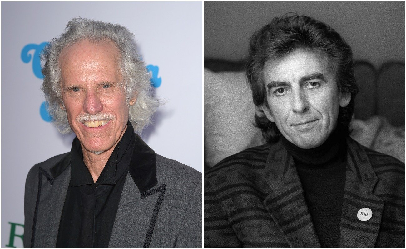 John Densmore at the Los Angeles Philharmonic Centennial Season's Opening Night Concert and Gala in 2018. George Harrison posing at the Amstel Hotel, Amsterdam in 1988.