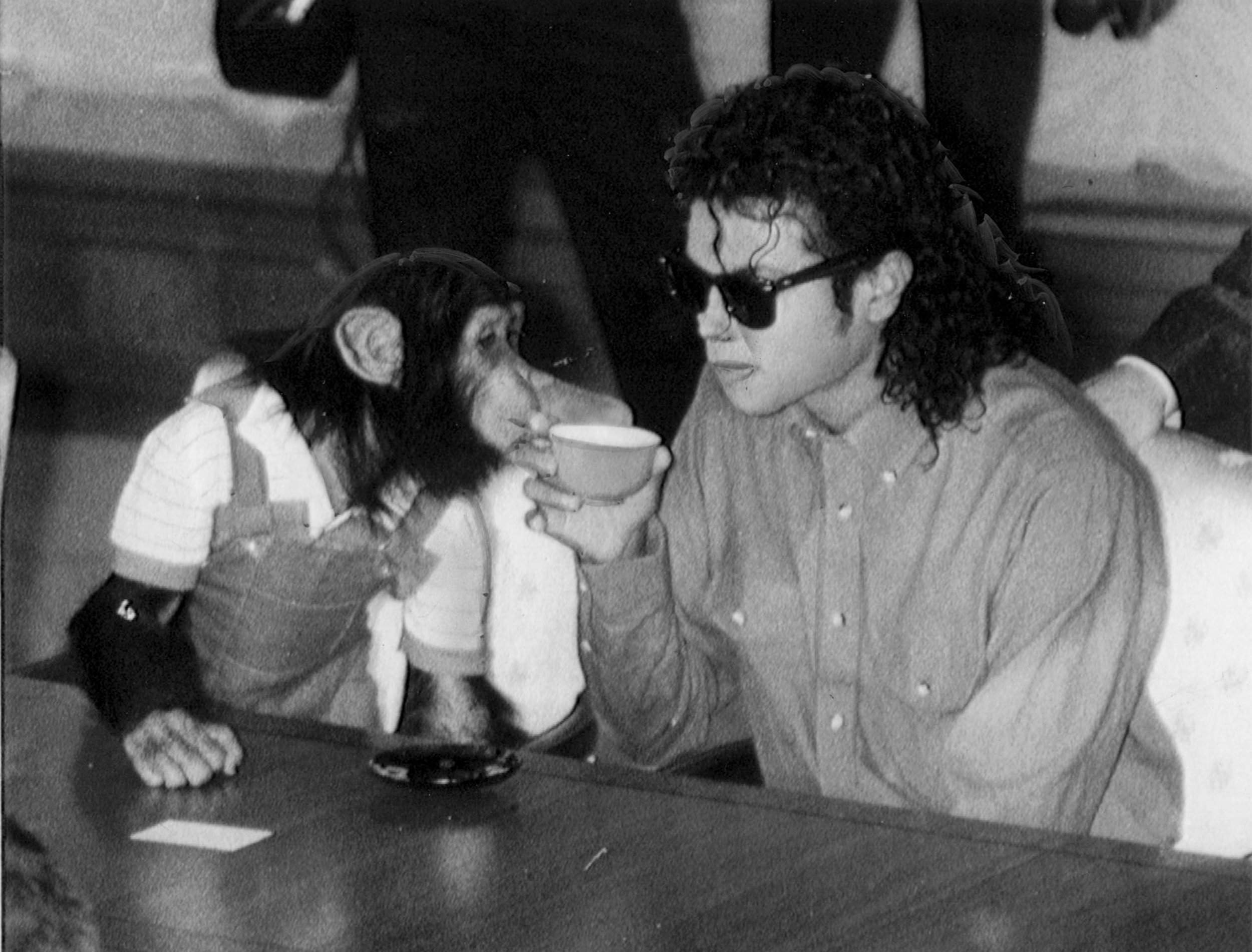 Michael Jackson sitting at a table with his chimpanzee Bubbles 