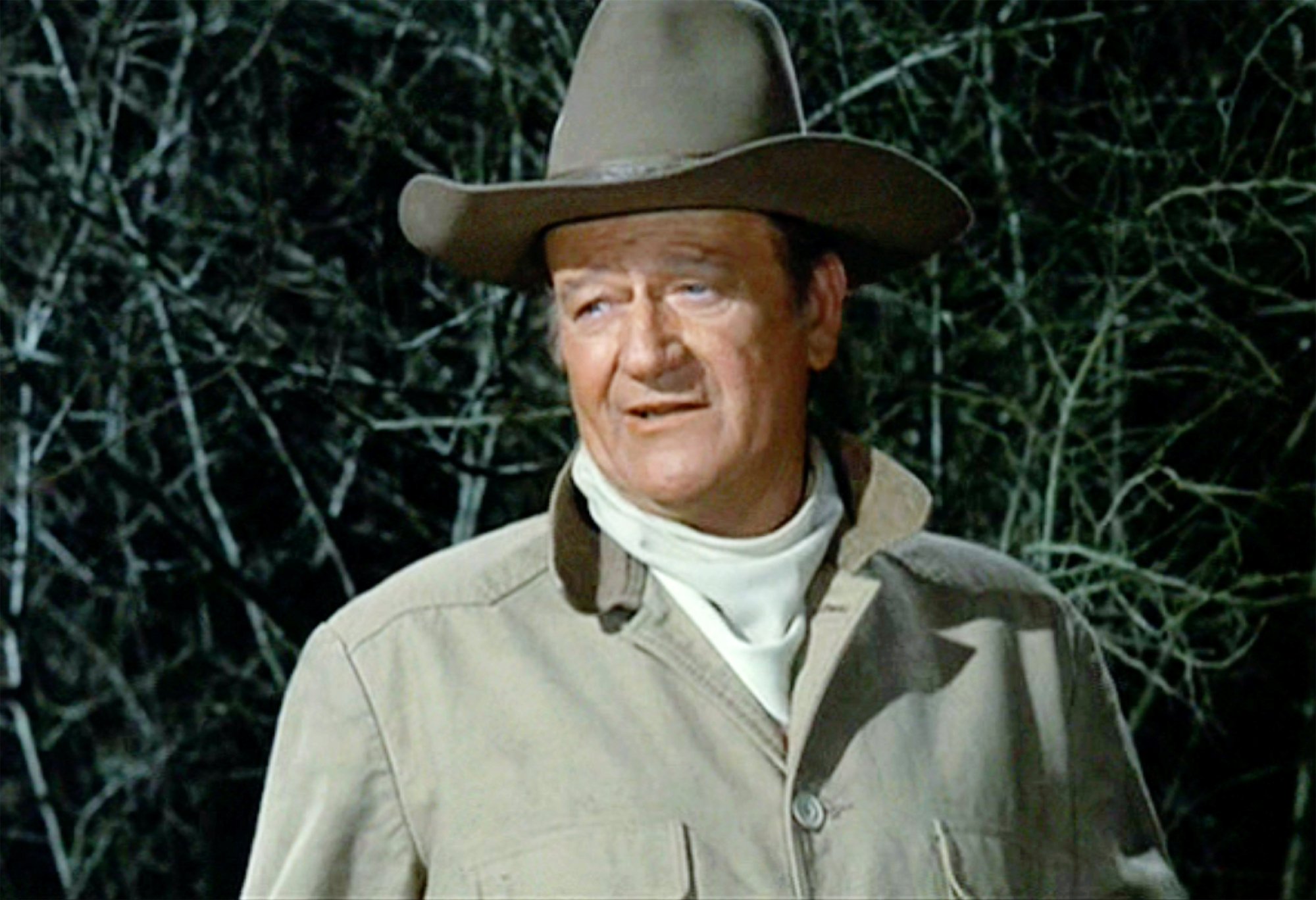 John Wayne at home in his Western clothes for 'Rio Lobo' with tree branches in the background