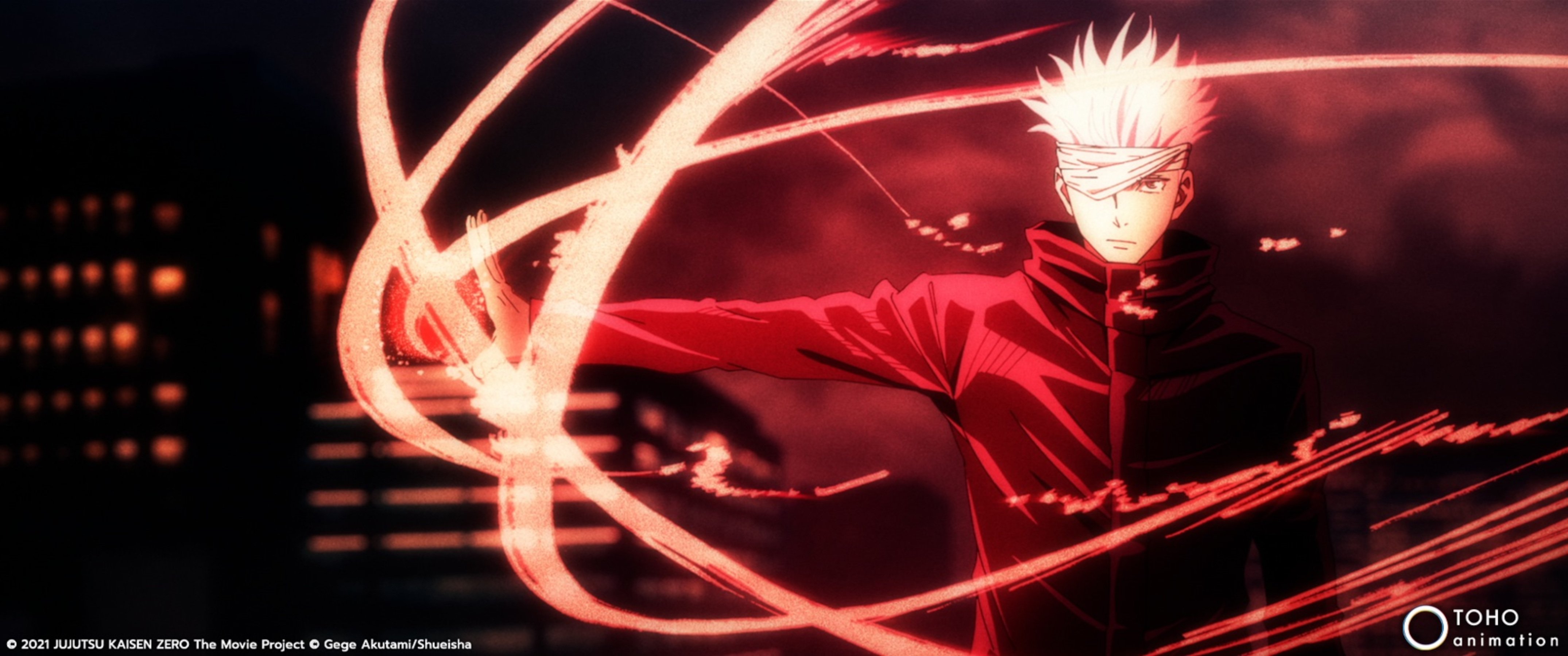 Satoru Gojo in 'Jujutsu Kaisen 0.' He's fighting and surrounded by red.