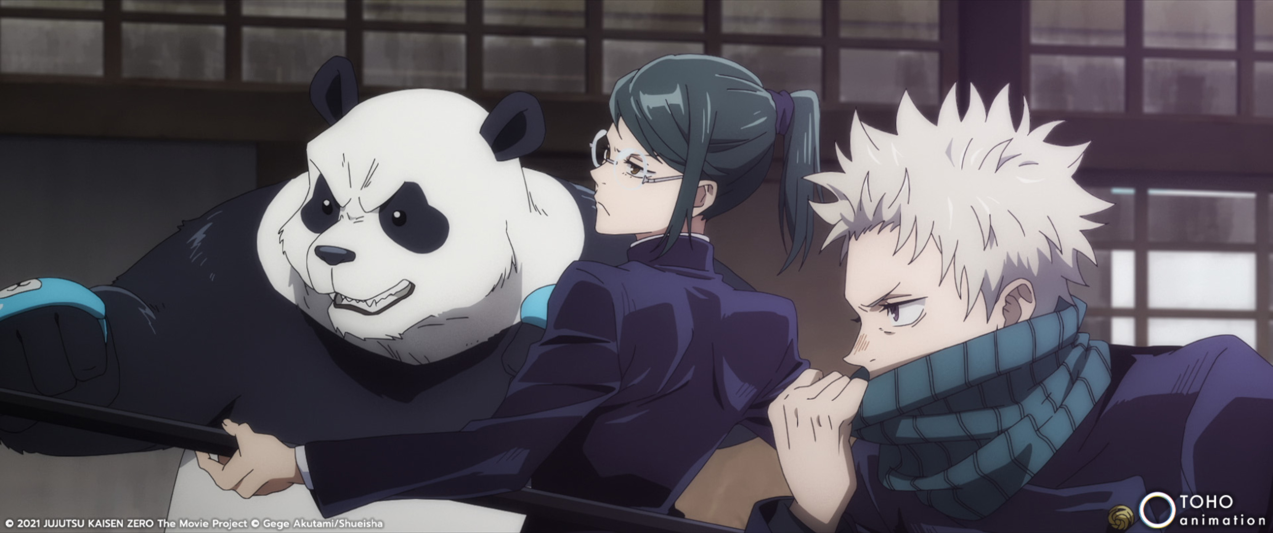 Panda, Maki, and Toge in 'Jujutsu Kaisen 0.' They're looking at someone off-screen and preparing to fight.