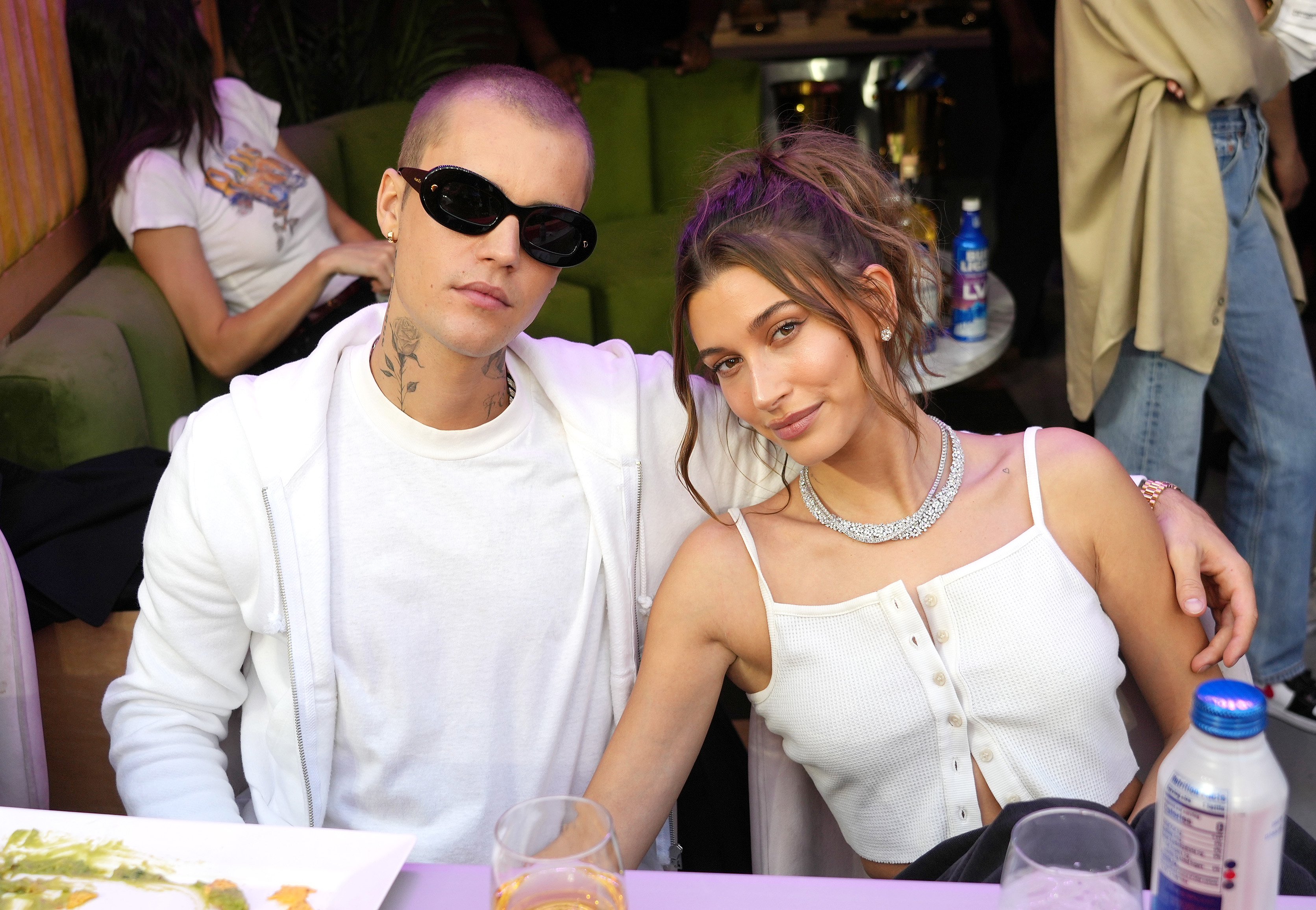 Justin Bieber and Hailey Bieber pose for photo while attending Super Bowl LVI