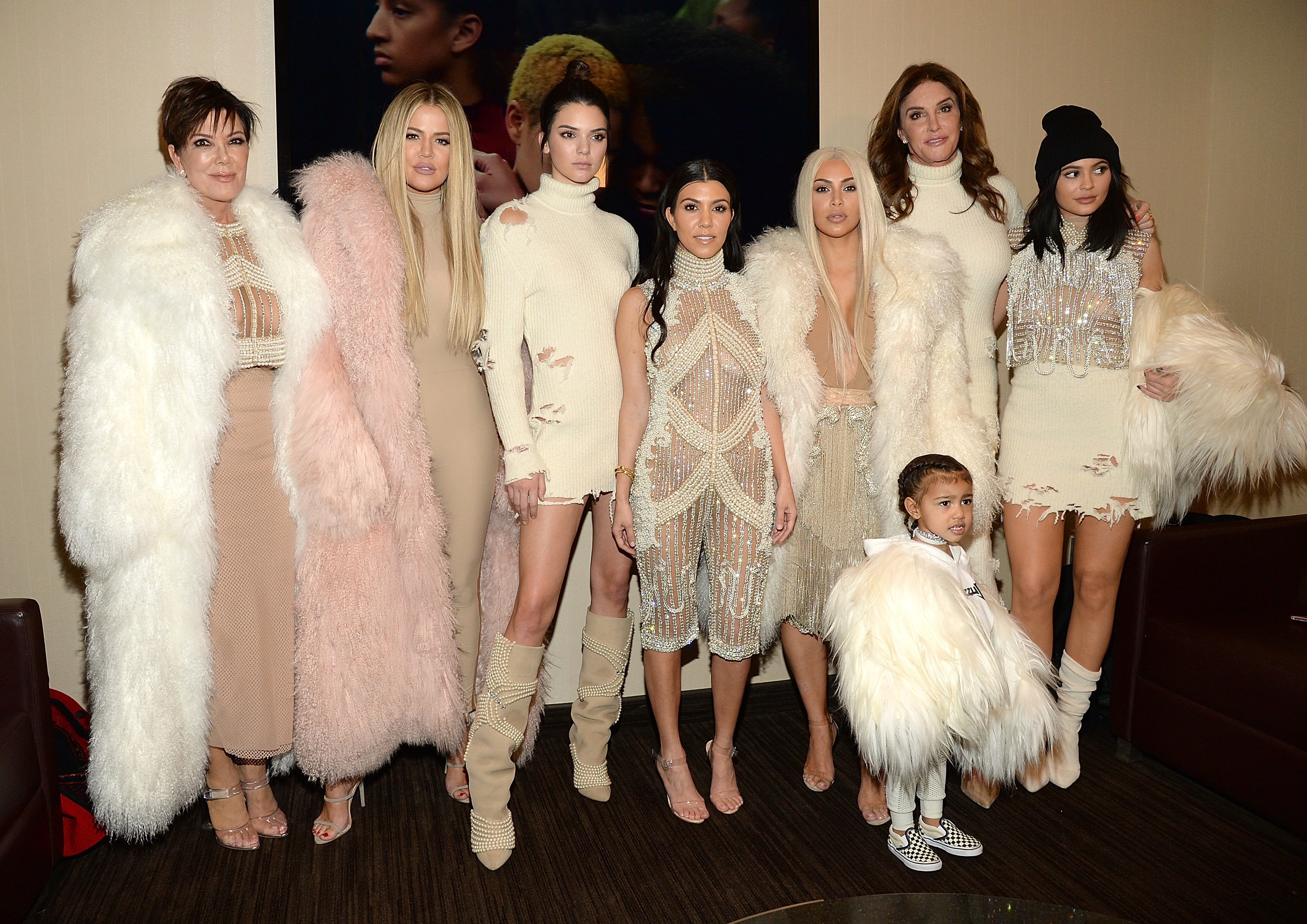 Khloe Kardashian, Kris Jenner, Kendall Jenner, Kourtney Kardashian, Kim Kardashian, North West, Caitlyn Jenner and Kylie Jenner attend the Kanye West Yeezy Season 3 event at Madison Square Garden