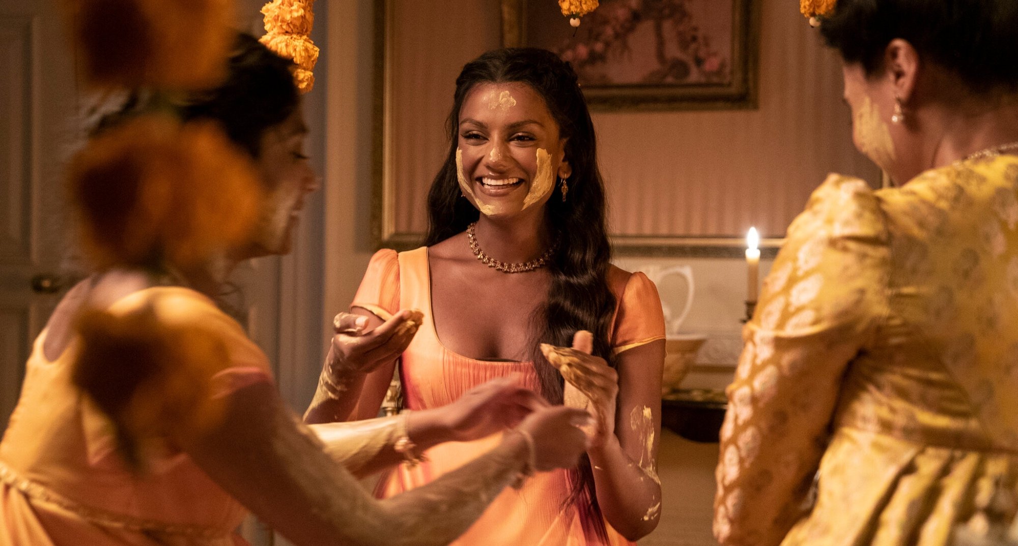 Kate, Edwina and Mary Sharma performing Haldi in 'Bridgerton' Season 2 Indian culture examples.