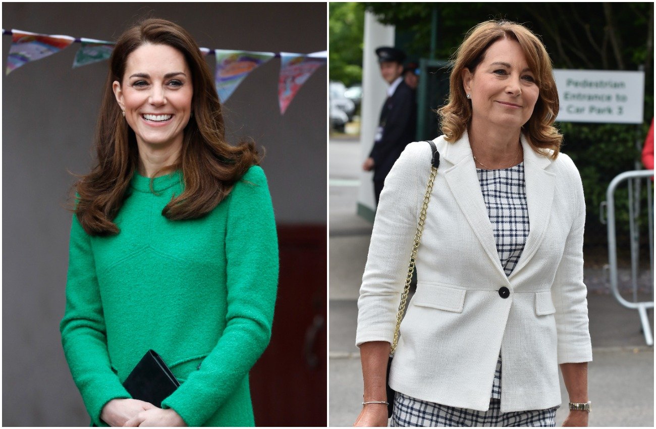 Kate Middleton wearing a green outfit, Carole Middleton wearing a white blazer and striped shirt