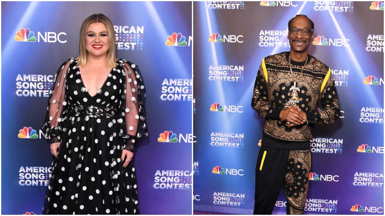 Kelly Clarkson and Snoop Dogg posing for 'American Song Contest' premiere