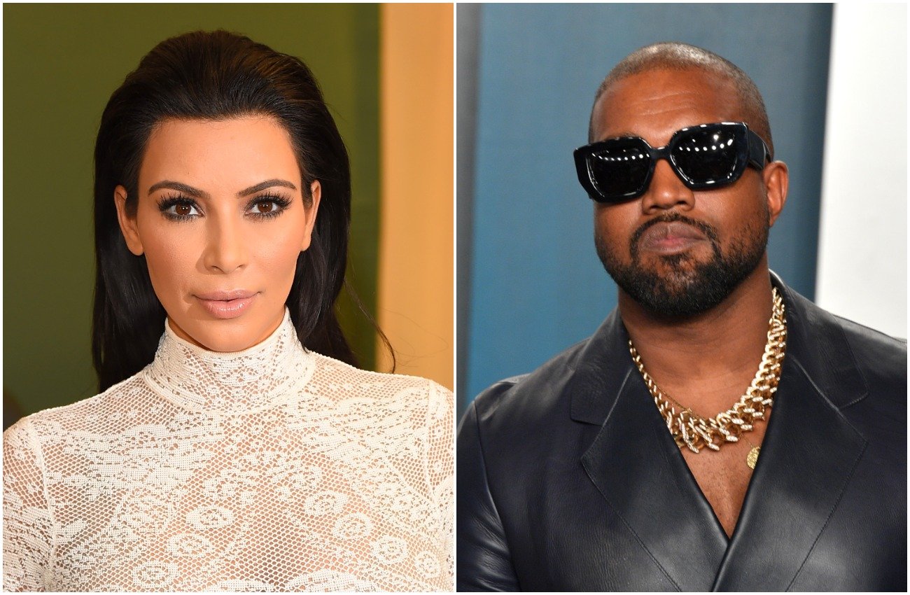 Kim Kardashian wearing a white dress with her hair pushed back, Kanye West wearing a black outfit with black sunglasses
