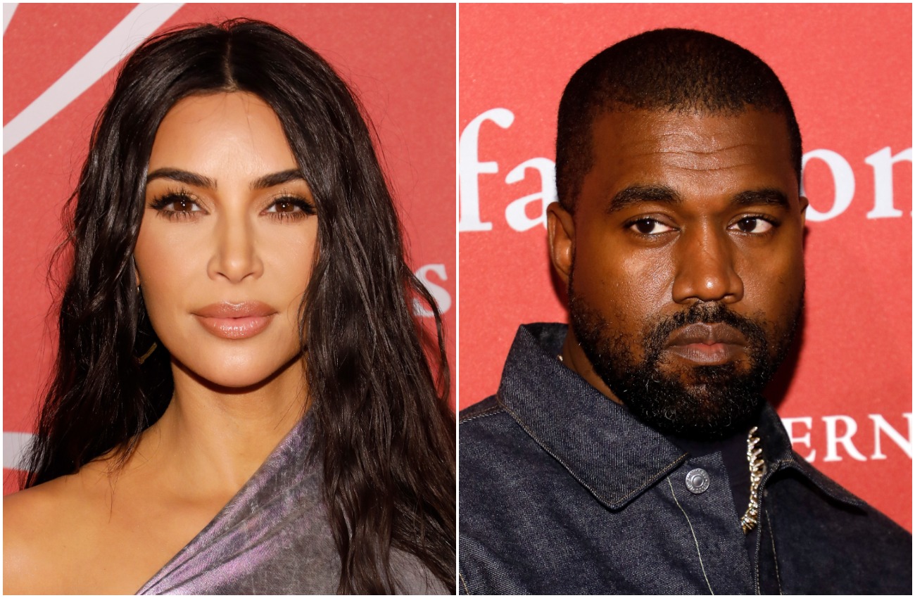Kim Kardashian looking at the camera in an off-shoulder top, Kanye West looking to the side in a dark outfit