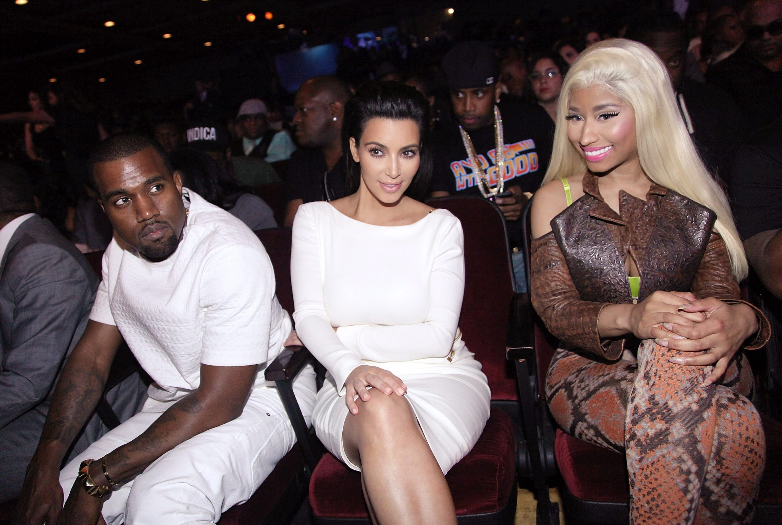 (L-R) Kanye West, Kim Kardashian, and Nicki Minaj