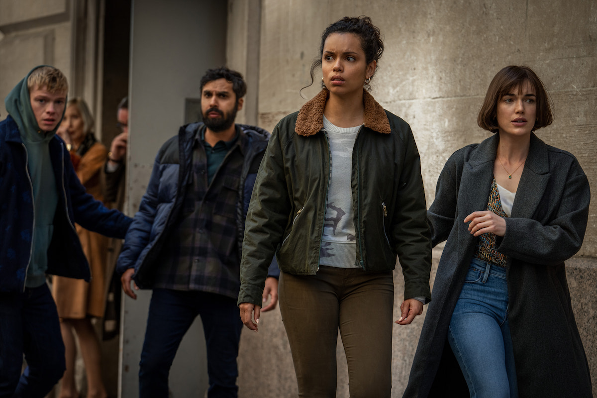 Kunal Nayyar, Tom Rhys-Harries, Georgina Campbell and Elizabeth Henstridge walk together in 'Suspicion' Season 1 Episode 8: 'Unmasked'